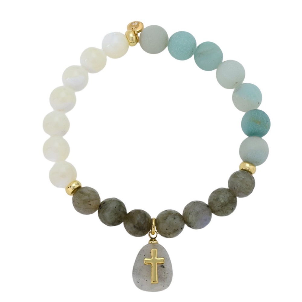 NWT Unwritten
Mother of Pearl and Labradorite Cross
Charm Stretch Bracelet